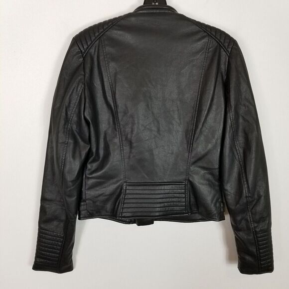 Zara Women Faux Leather Moto Jacket Sz M Black Zip Up Pockets - Picture 3 of 5
